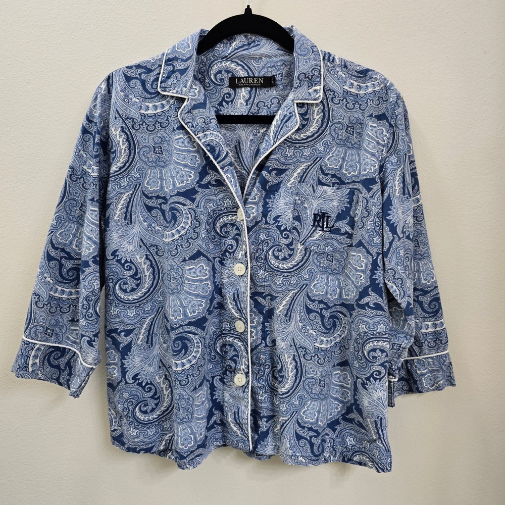 Lauren Ralph Lauren Womens‎ Blue Paisley Button Down Pajama Top Sleep Shirt MED